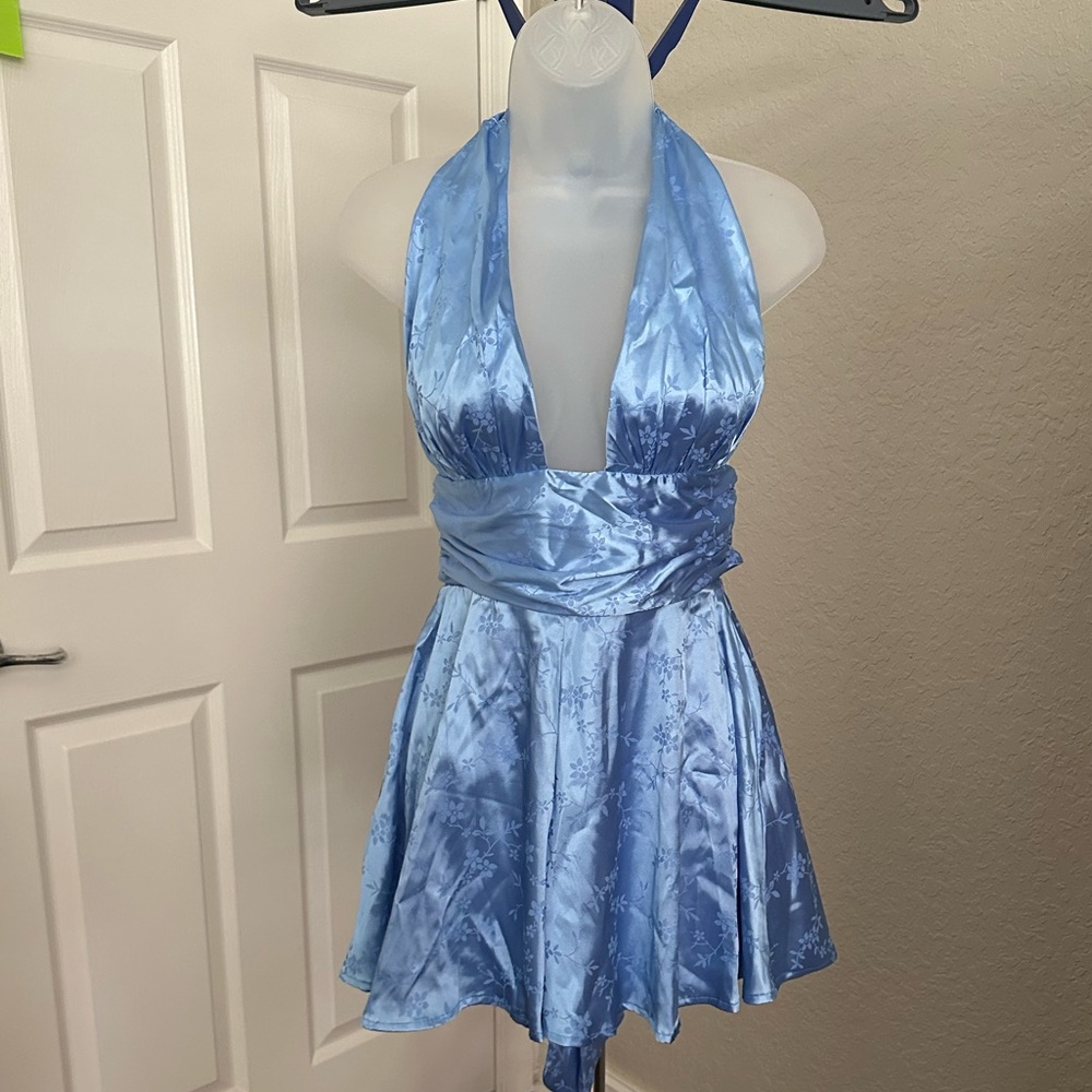 Lucy in the Sky Blue Backless Romper with Halter Neck